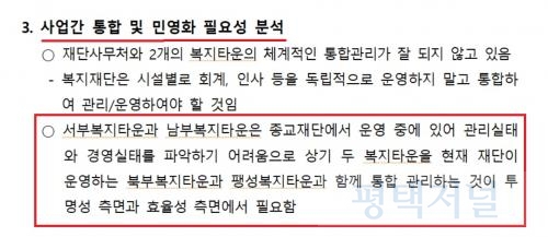  ▲ 평택시가 발주한 평택시 공공기관 운영실태 진단 최종 보고서에 제시된 평택복지재단 관련 제언.    ⓒ평택저널